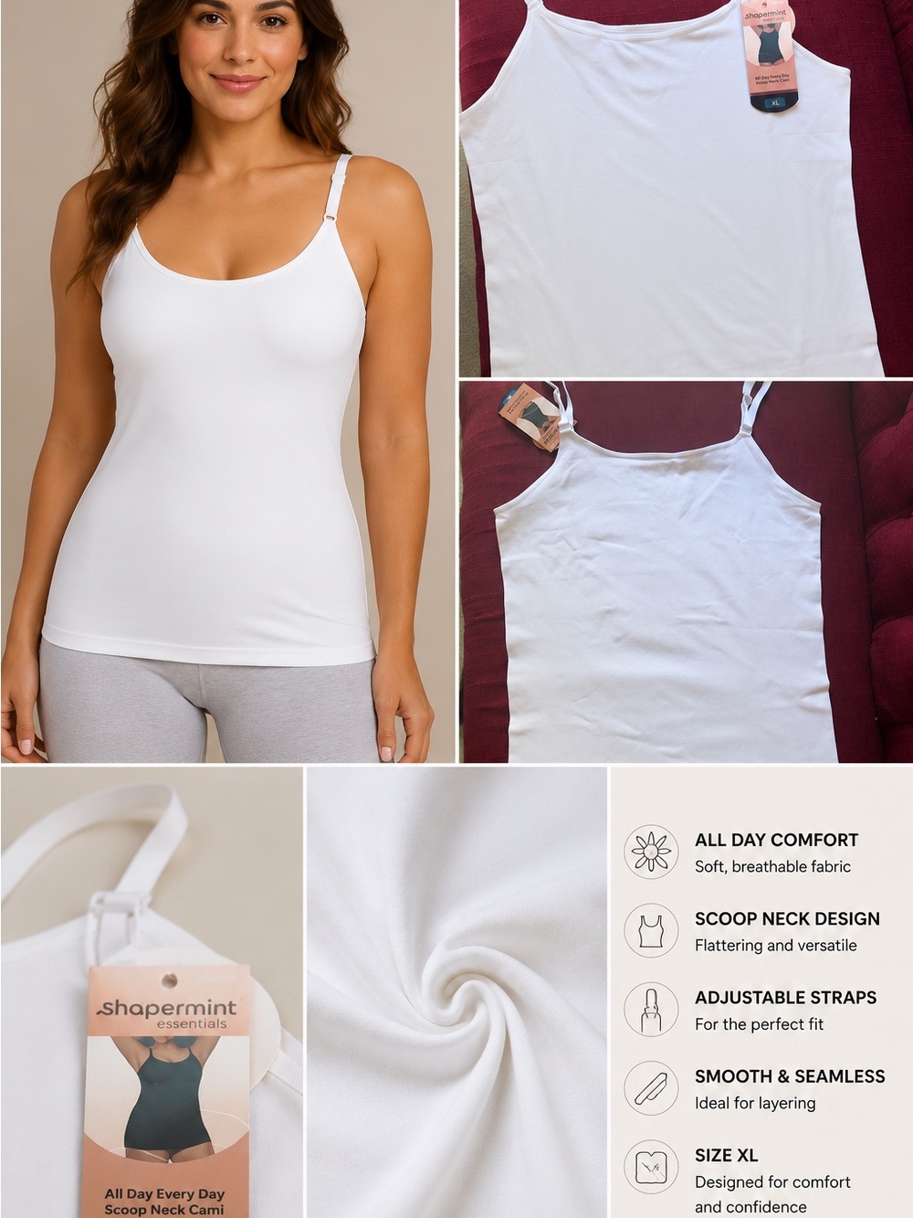 Shapermint White Scoop Neck Cami XL – NWT – $15